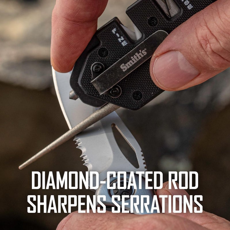 Smiths Smith’s Pocket Pal Tactical Knife Sharpener - 2 Stage Sharpener & Diamond Sharpening Rod - Pocket Clip - Outdoor Hunting Knife & Hook Sharpener - Compact & Lightweight - Image 4